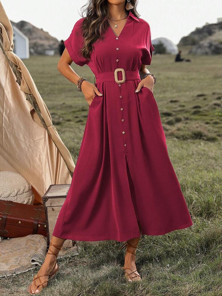 CM-DS880032 Women Trendy Bohemian Style Collar Neckline Batwing Sleeve Dress - Burgundy