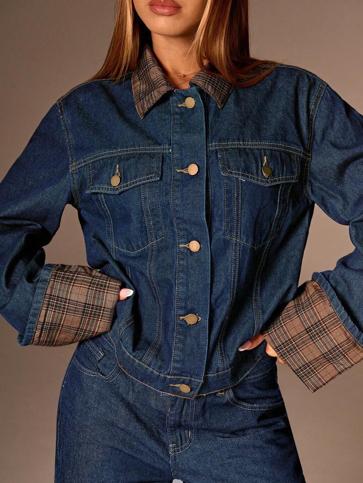 CM-CS199554 Women Elegant Seoul Style Dark Wash Collar Neckline Single Breatsed Long Sleeve Denim Jacket