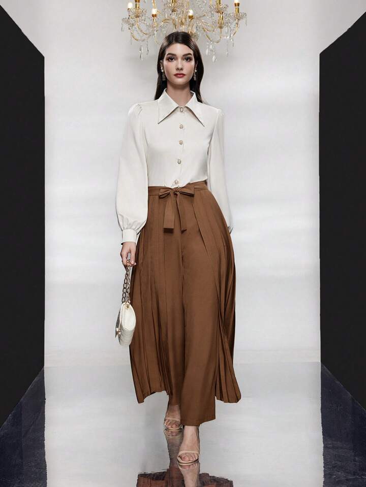 CM-BS787347 Women Casual Seoul Style Belted Pleated Wide Leg Pants - Brown