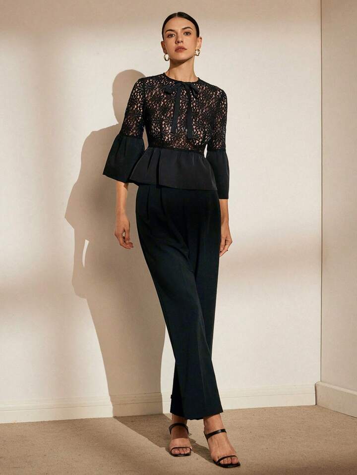 CM-TS701051 Women Casual Seoul Style Hollow Out Embroidery Patchwork Ruffle Sleeve Shirt