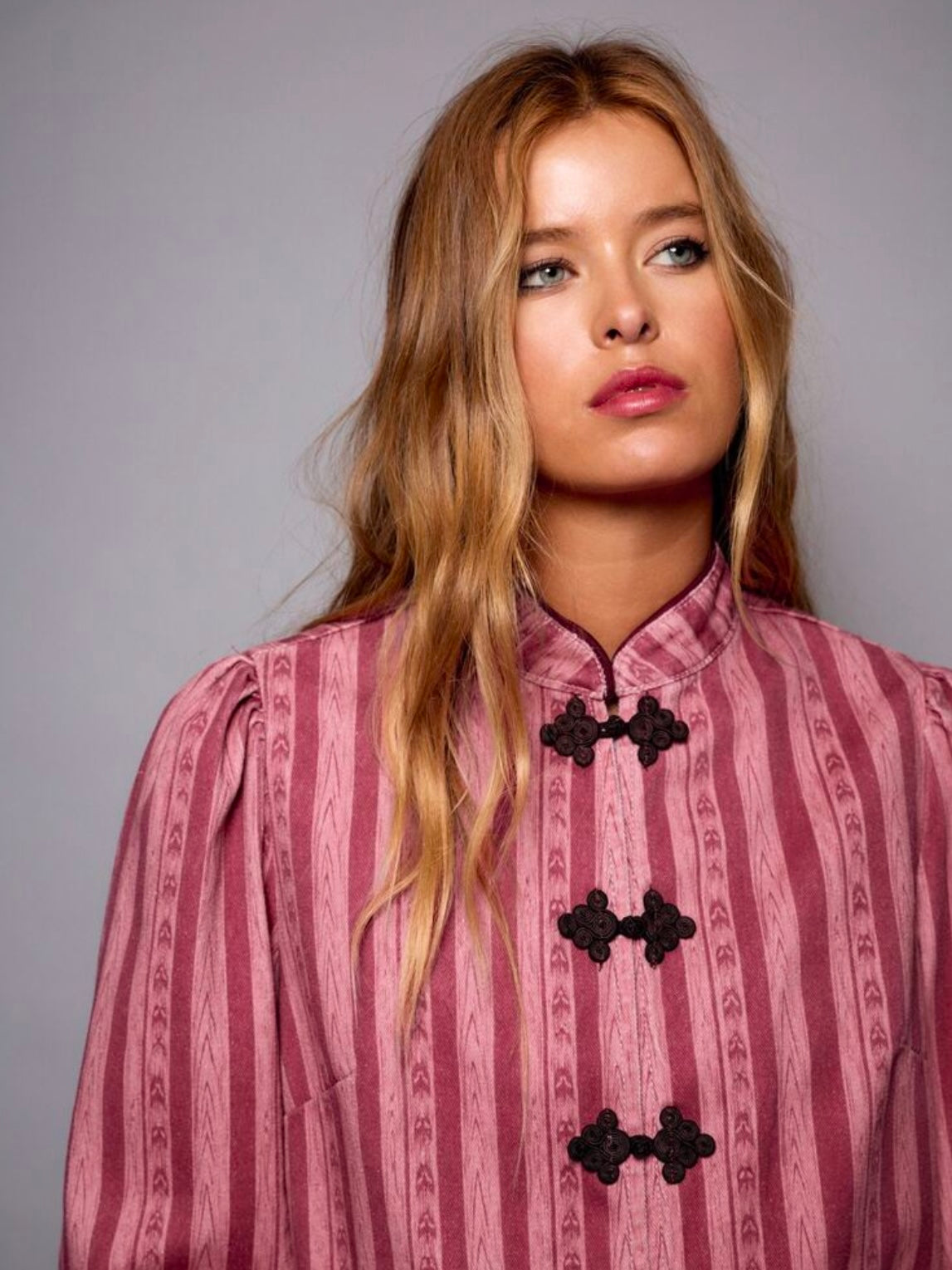 CM-CS287781 Women Elegant Seoul Style Stand Collar Short Sleeve Button Front Striped Jacket - Hot Pink