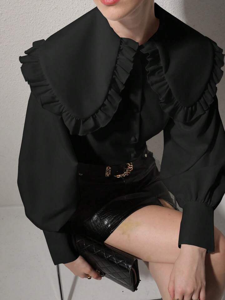 CM-TS789662 Women Elegant Seoul Style Solid Color Peter Pan Collar Bishop Sleeve Ruffle Detail Long Sleeve Blouse