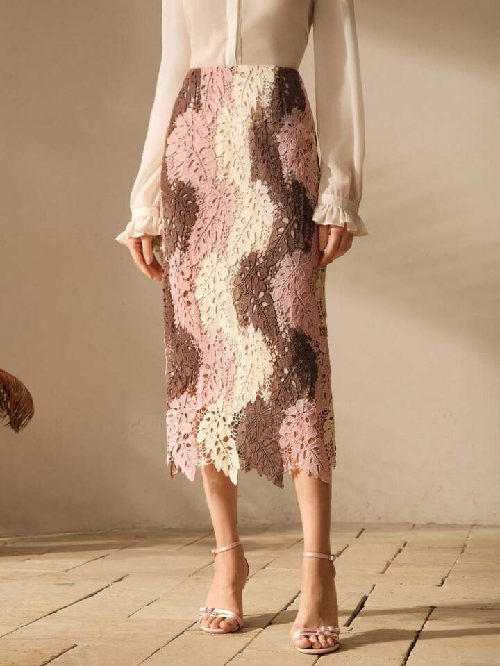 CM-BS058071 Women Elegant Seoul Style Contrast Color Hollow Embroidered Asymmetrical Skirt