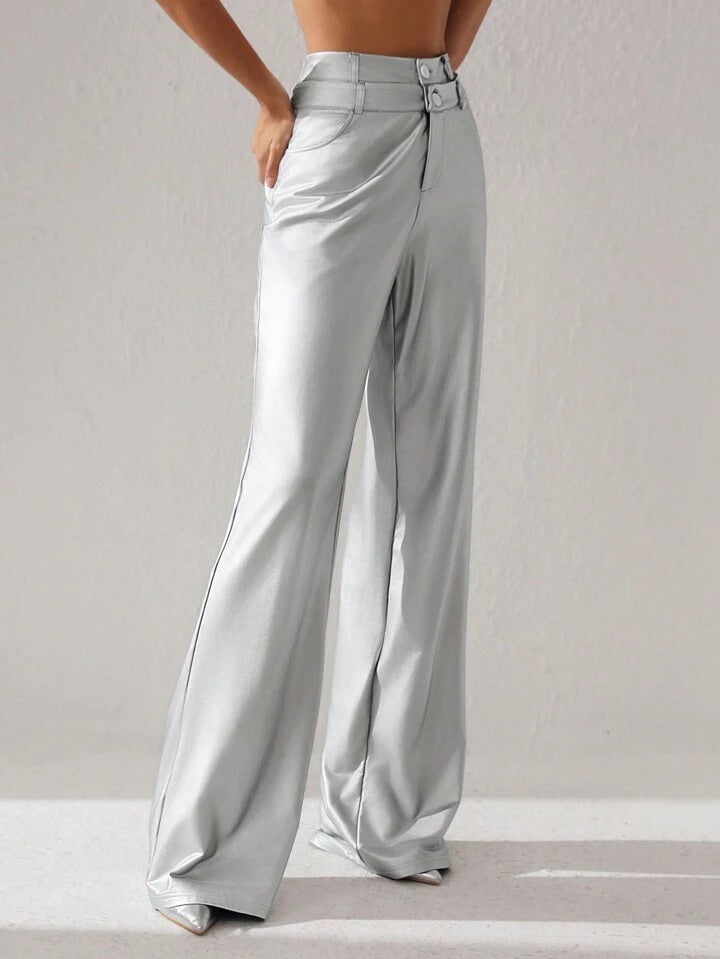 CM-BS714414 Women Elegant Seoul Style Metallic High Waist Wide Leg Pants - Silver