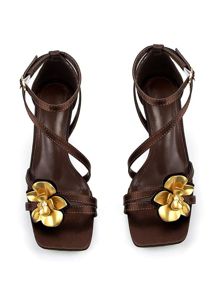 CM-SHS730345 Women Trendy Seoul Style Metal Floral Decor Ankle Strap Square Toe Kitten Heel Sandals - Chocolate Brown