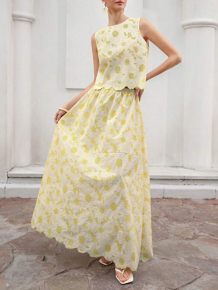 CM-SS292072 Women Trendy Bohemian Style Floral Embroidered Hollow Out Round Neck Sleeveless Top With Skirt - Set