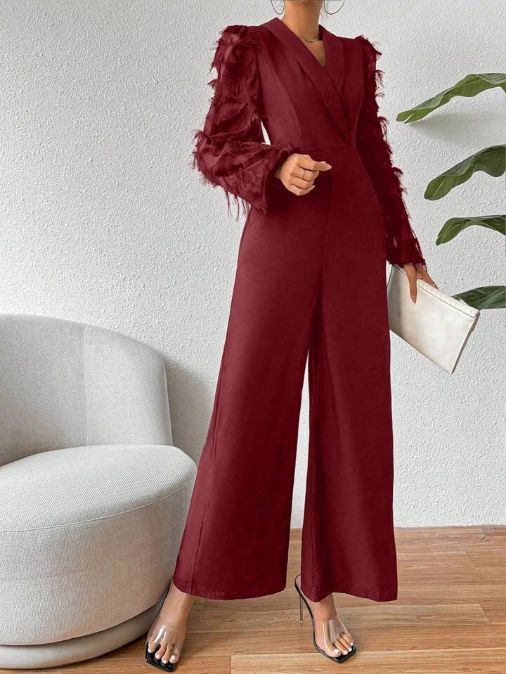 CM-JS241004 Women Elegant Seoul Style Tassel Trimmed Shawl Collar Wide Leg Jumpsuit - Burgundy
