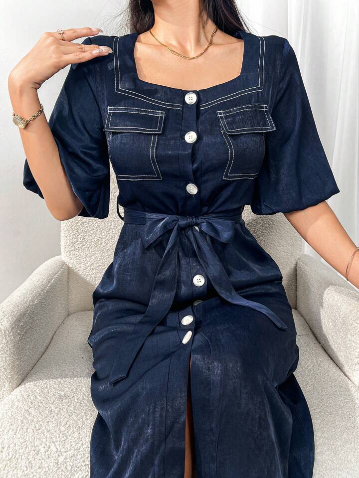 CM-DS778490 Women Elegant Seoul Style Square Neck Front Button Tie-Waist Short Sleeve Dress - Blue