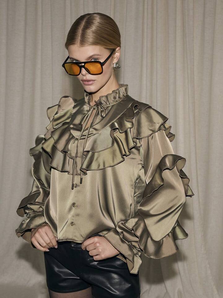 CM-TS920507 Women Elegant Seoul Style Keyhole Neckline Flounce Sleeve Satin Ruffle Blouse - Army Green
