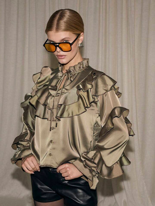 CM-TS920507 Women Elegant Seoul Style Keyhole Neckline Flounce Sleeve Satin Ruffle Blouse - Army Green