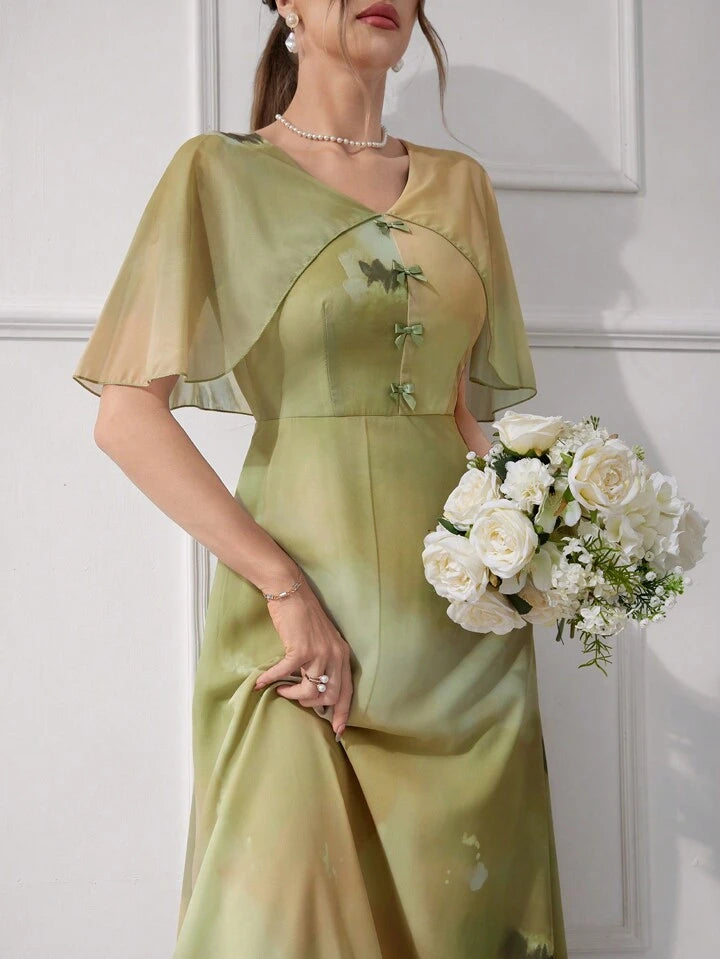 CM-DS579071 Women Elegant Seoul Style V-Neck Gradient Color Bowknot Decoration Dress - Green