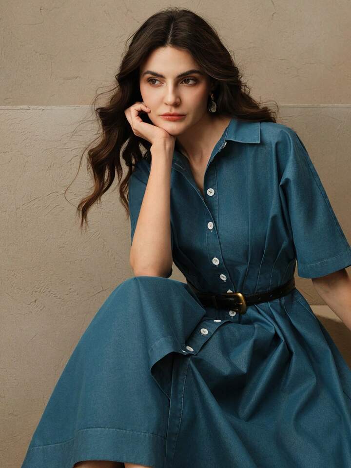 CM-DS203055 Women Elegant Seoul Style Shirt Collar Batwing Sleeve High Waist A-Line Denim Dress - Blue