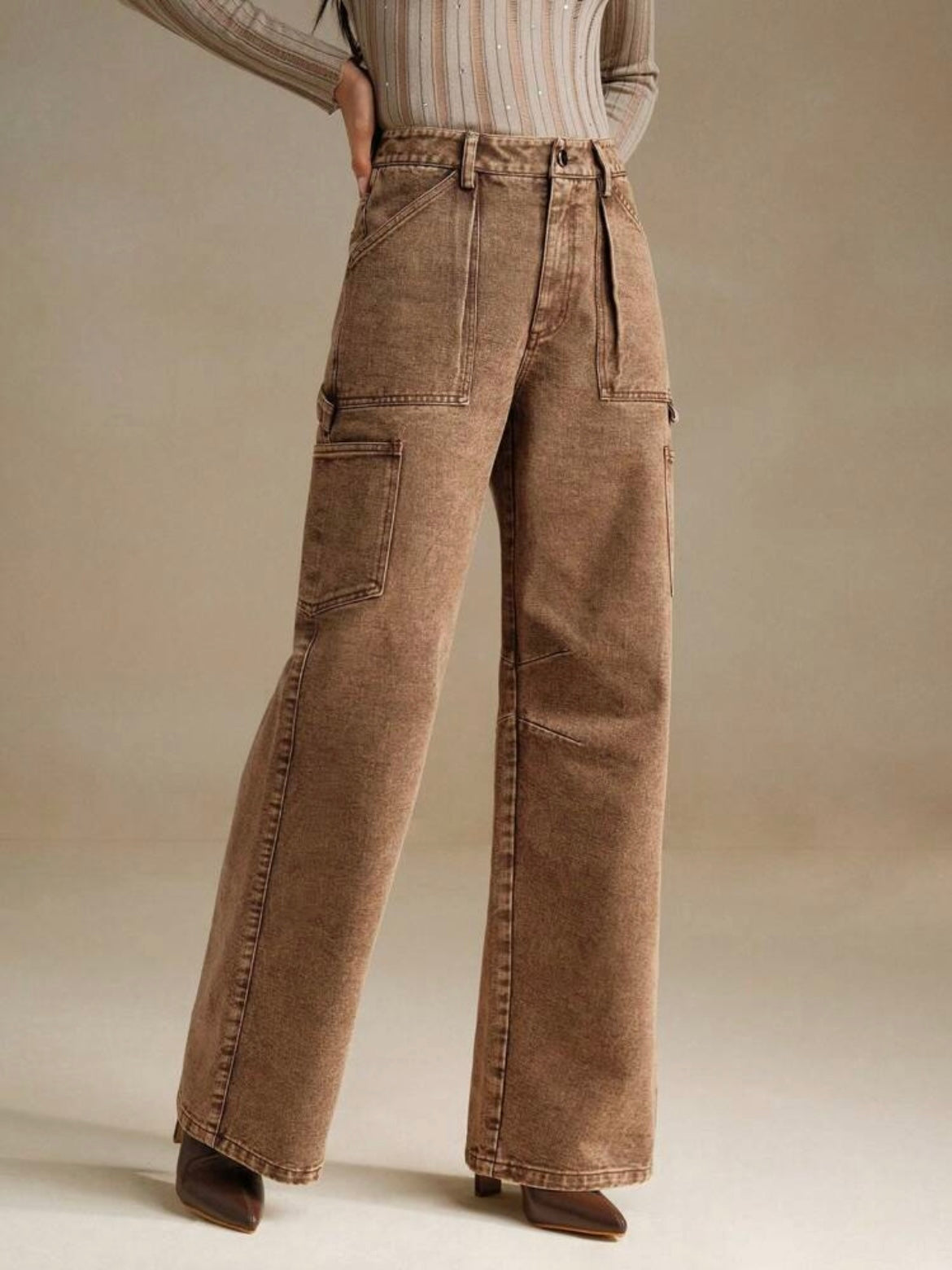 CM-BS336480 Women Casual Seoul Style Pocket Relaxed Straight Leg Denim Jeans - Brown