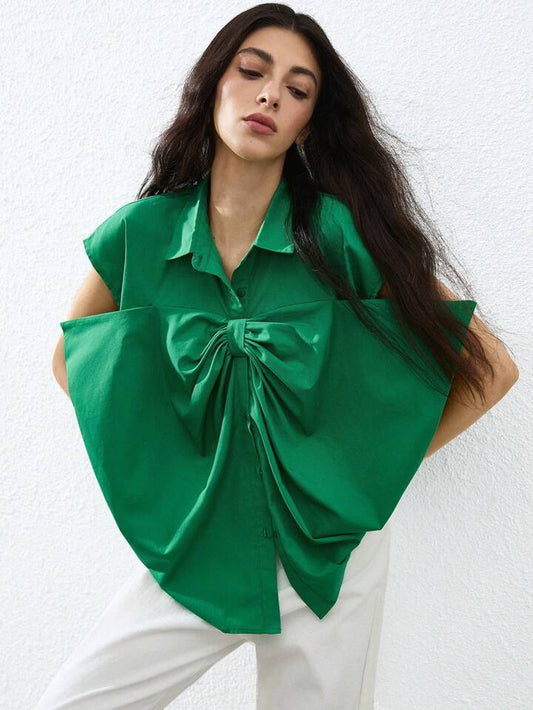 CM-TS799775 Women Casual Seoul Style Oversized Bow Detail Drop Shoulder Sleeveless Blouse - Green