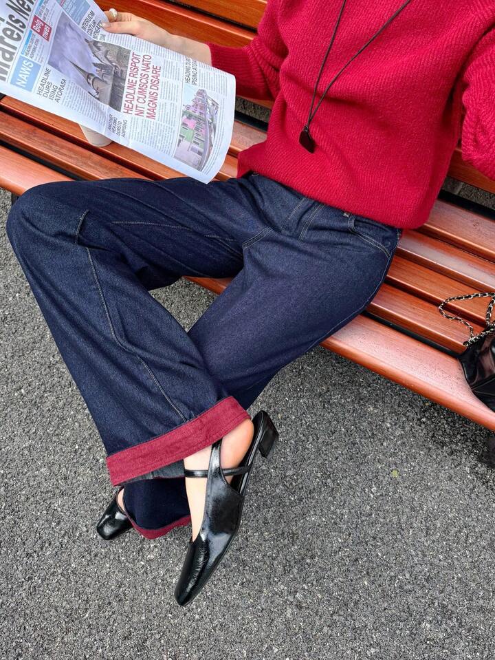 CM-BS215262 Women Casual Seoul Style Dark Wash Contrasting Edge High Waist Extra Long Wide Leg Jeans
