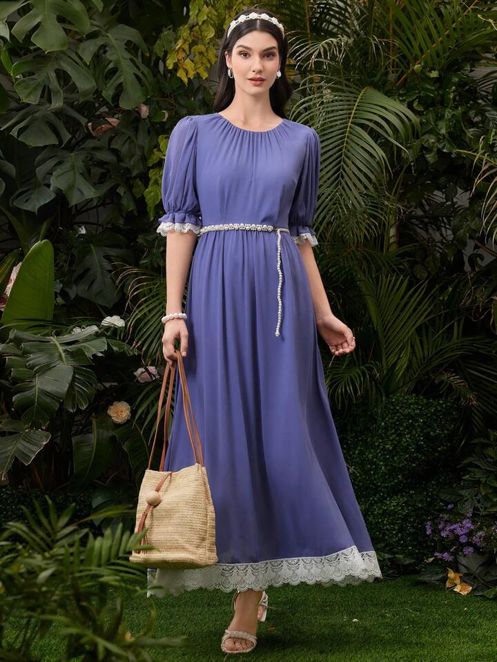 CM-DS187545 Women Casual Seoul Style Contrast Color Lace Trimmed Round Neck Dress
