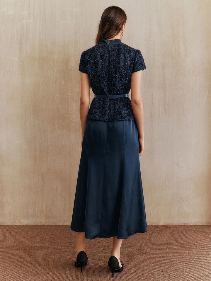 CM-DS706234 Women Elegant Seoul Style Stand Collar Short Sleeve Tweed Satin Patchwork Dress - Navy Blue