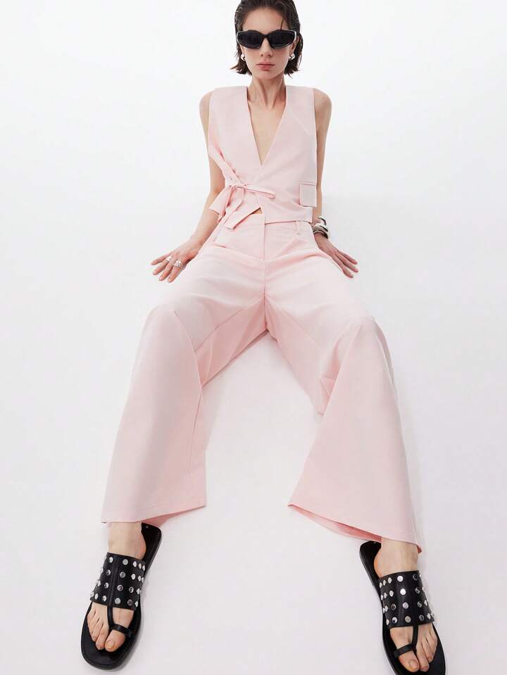 CM-SS262320 Women Casual Seoul Style V-Neck Sleeveless Tie-Waist Asymmetric Placket Vest With Wide-Leg Pants - Set