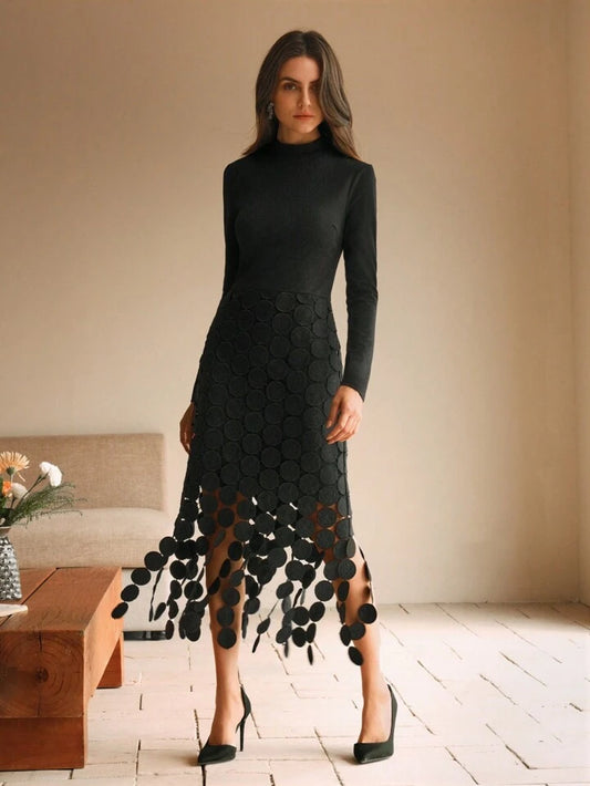 CM-DS309319 Women Elegant Seoul Style High Neck Lace Trim Long Sleeve Knit Dress - Black