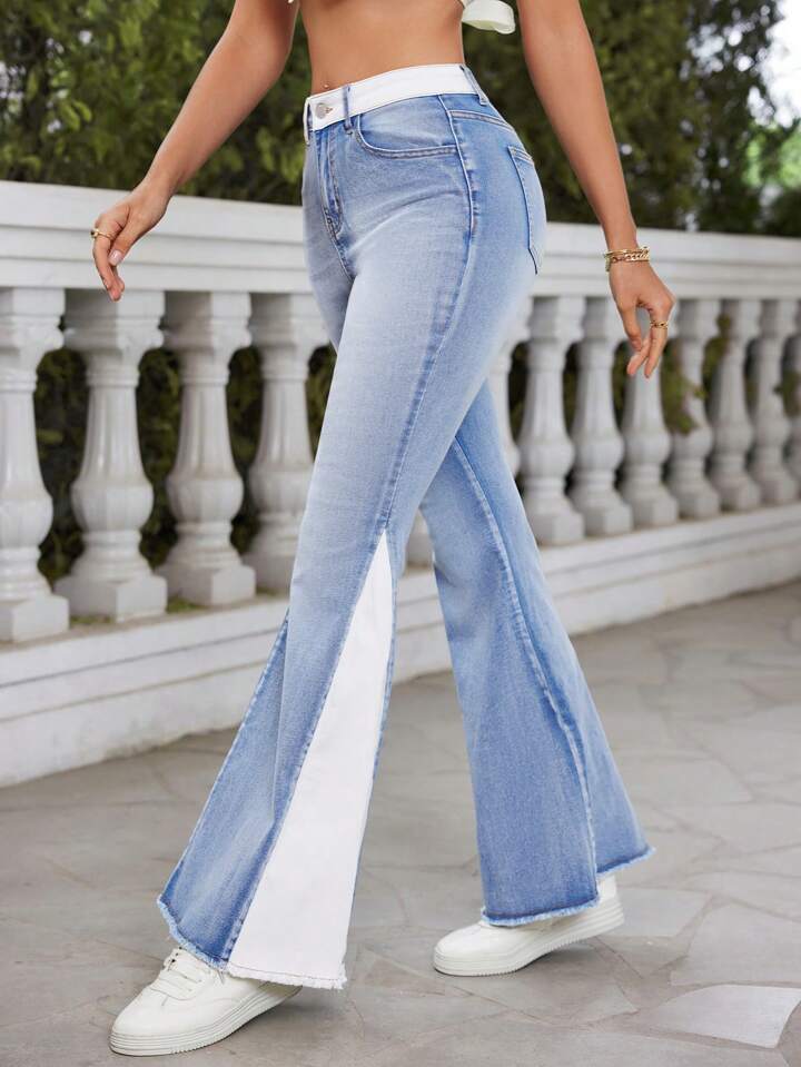 CM-BS083392 Women Casual Seoul Style Color Block Extra Long Flare Leg Jeans