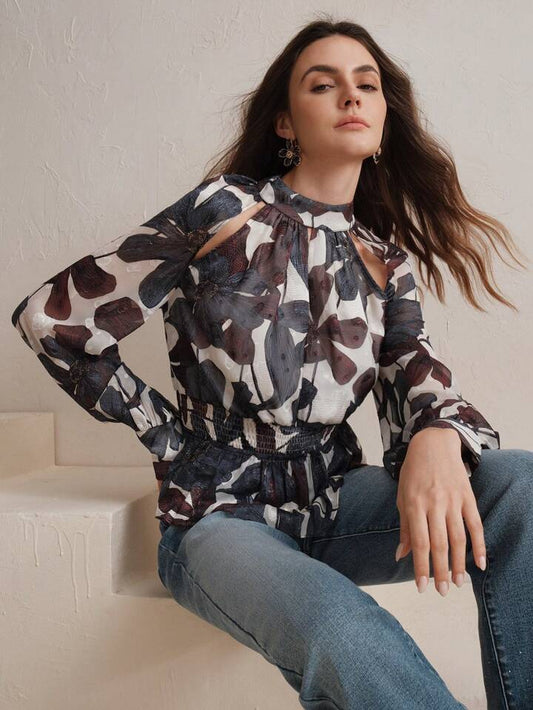 CM-TS475554 Women Elegant Seoul Style Stand Collar Long Sleeve Hollow-Out Fitted Floral Print Blouse