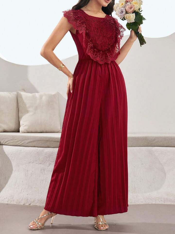 CM-JS550455 Women Elegant Seoul Style Solid Color Embroidered Lace Trim Pleated Wide Leg Jumpsuit