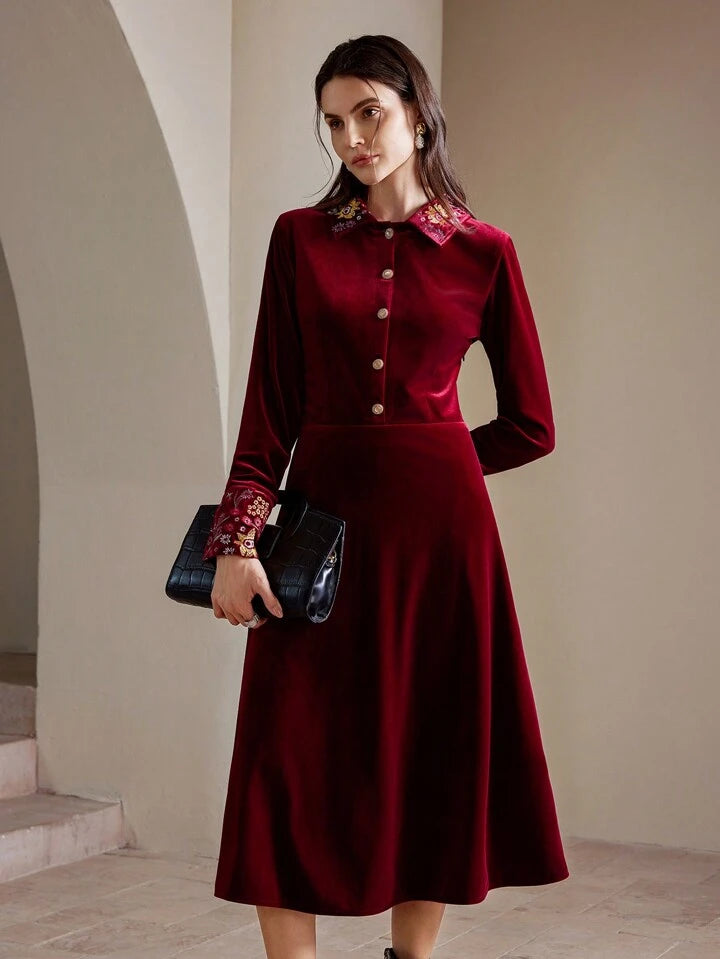 CM-DS682190 Women Retro Seoul Style Velvet Floral Embroidered Turn-Down Collar Long Dress - Burgundy