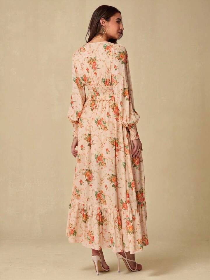 CM-DS402014 Women Elegant Seoul Style Floral Print V-Neck Long Sleeve High Waist Maxi Dress - Orange