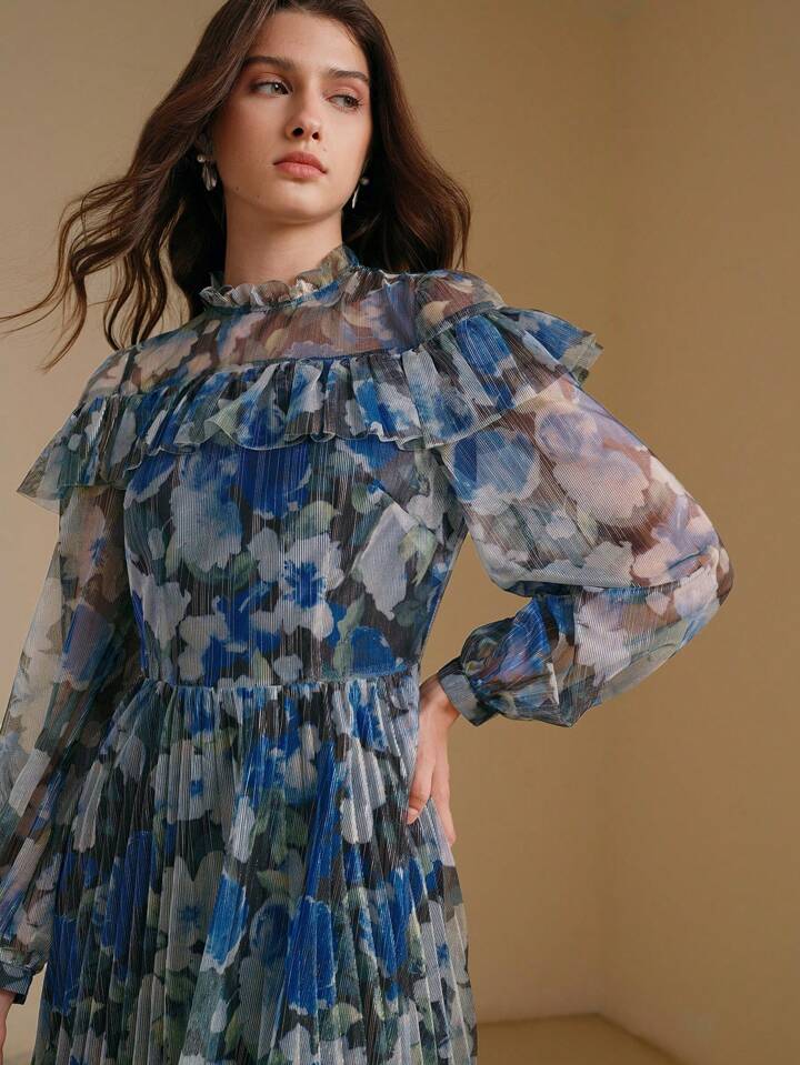 CM-DS839272 Women Elegant Seoul Style Stand Collar Bell Sleeve Ditsy Floral Ruffled Dress - Blue