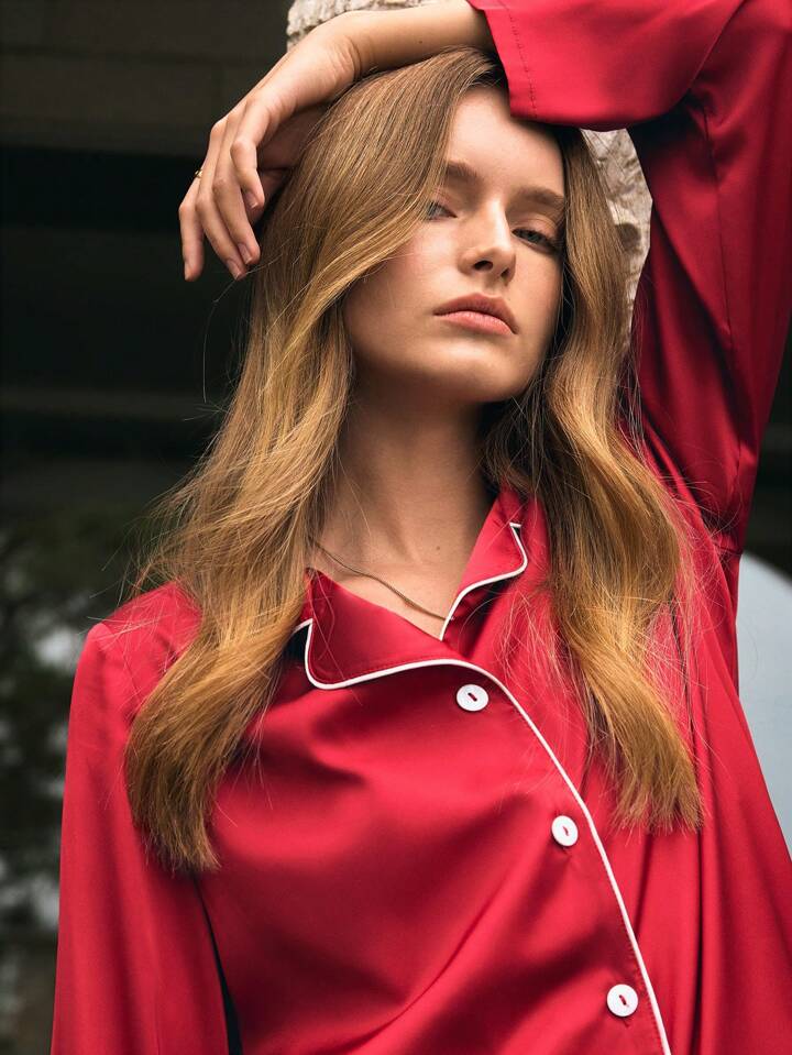 CM-LS953056 Women Trendy Seoul Style Solid Color Front Button Long Sleeve Pajamas Set - Red