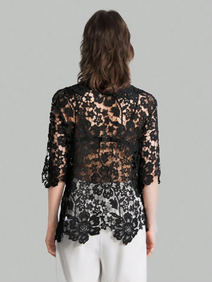 CM-TS336051 Women Casual Seoul Style Stand Collar Short Sleeve Lace Hollow Out Shirt - Black