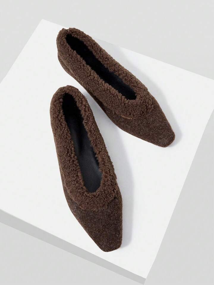 CM-SHS785746 Women Trendy Seoul Style Plush Pointed Toe Flats - Coffee Brown