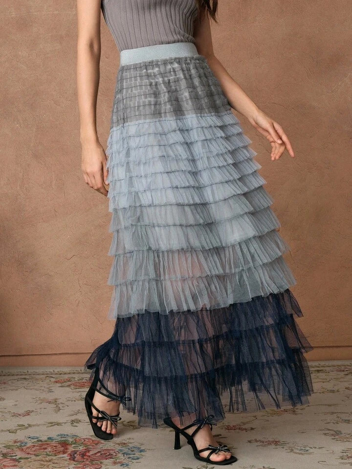 CM-BS336366 Women Elegant Seoul Style High Waist Gradient Mesh Contrast Cake Skirt Tulle Long Skirt - Blue