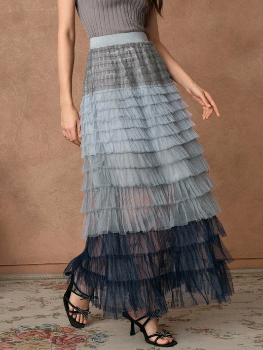 CM-BS336366 Women Elegant Seoul Style High Waist Gradient Mesh Contrast Cake Skirt Tulle Long Skirt - Blue