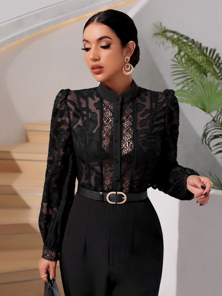 CM-TS622230 Women Elegant Seoul Style Contrast Lace Lantern Sleeve Mock Neck Shirt - Black