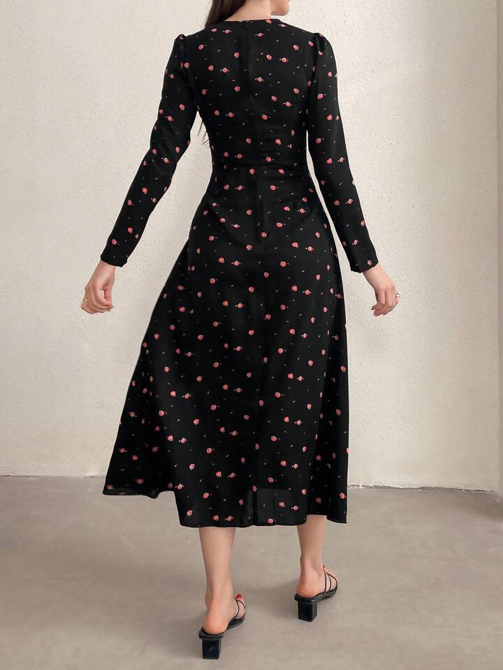 CM-DS722228 Women Casual Seoul Style Peter Pan Collar Long sleeve Floral Print Maxi Dress - Black
