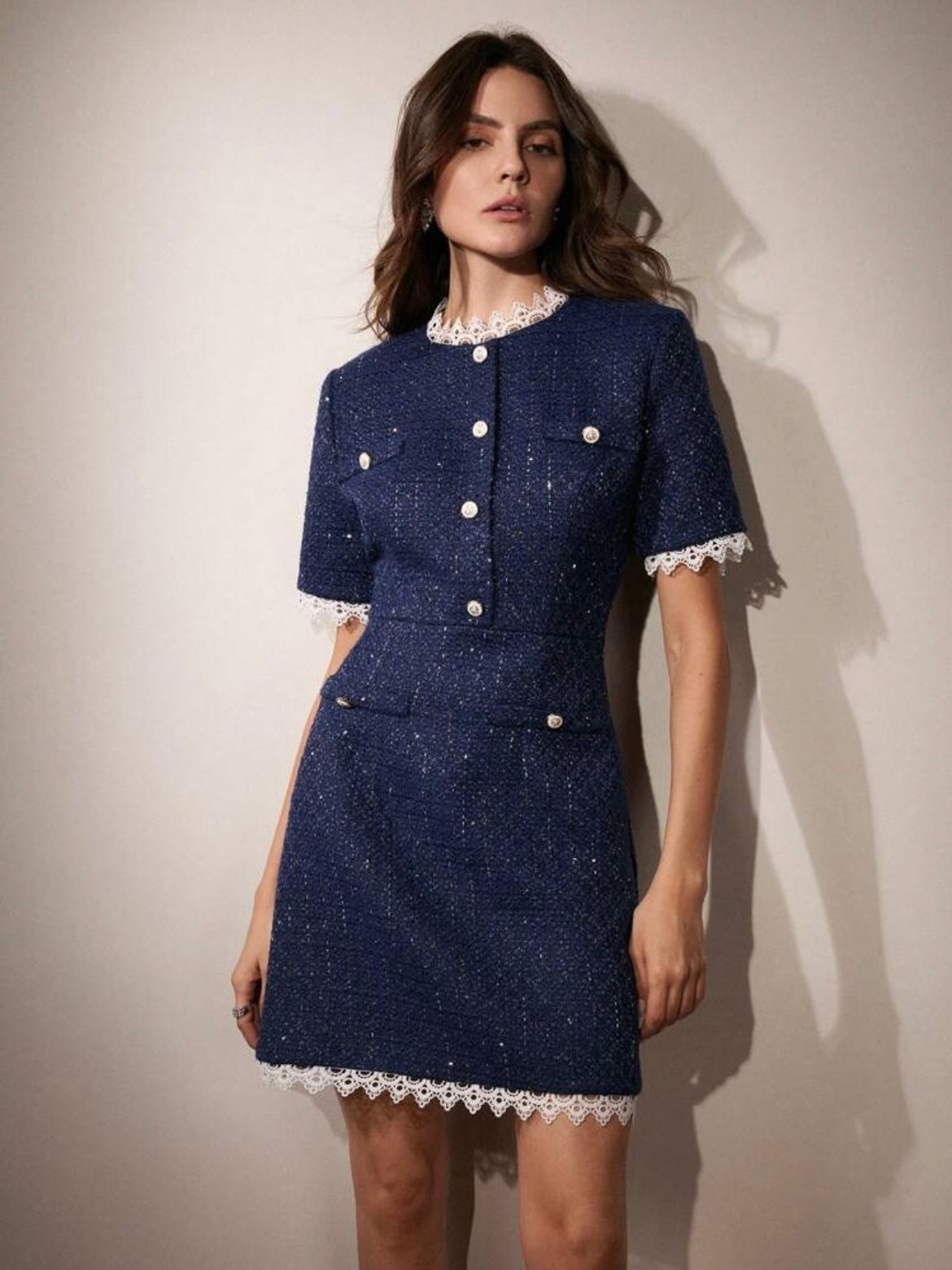 CM-DS959595 Women Elegant Seoul Style Lace Trim Button Decor Knee-Length Dress - Navy Blue