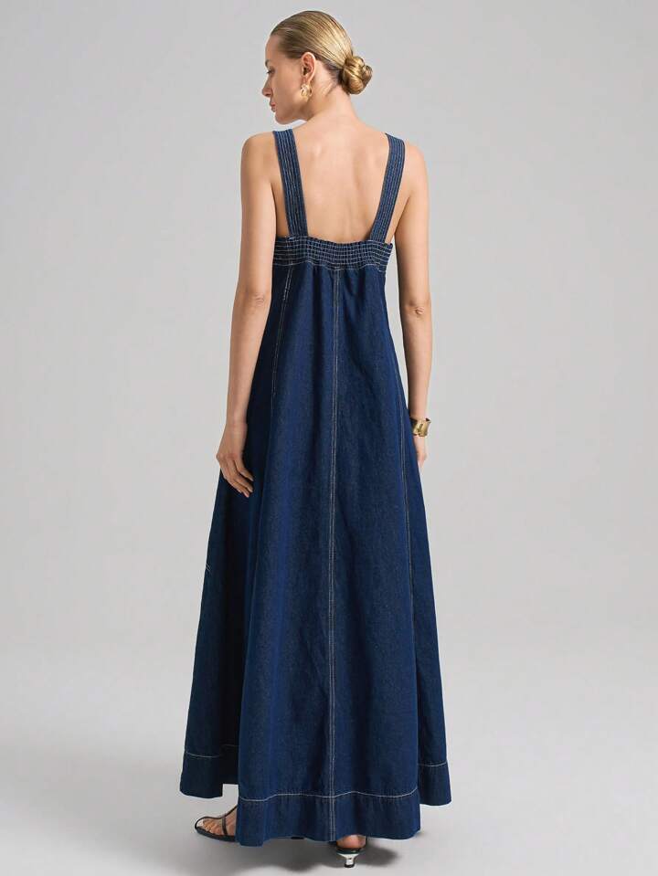 CM-DS471843 Women Casual Seoul Style Dark Wash Thick Strap Backless Loose Denim Dress