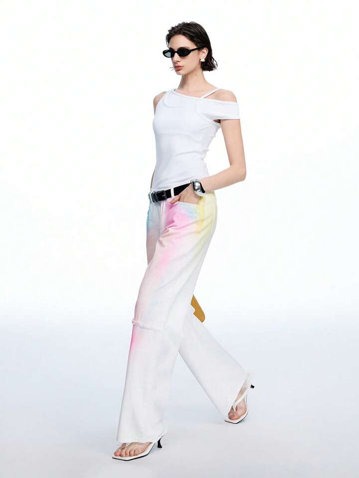 CM-BS080666 Women Casual Seoul Style Colorful Low Waist Extra Long Straight Leg Denim Jeans - White