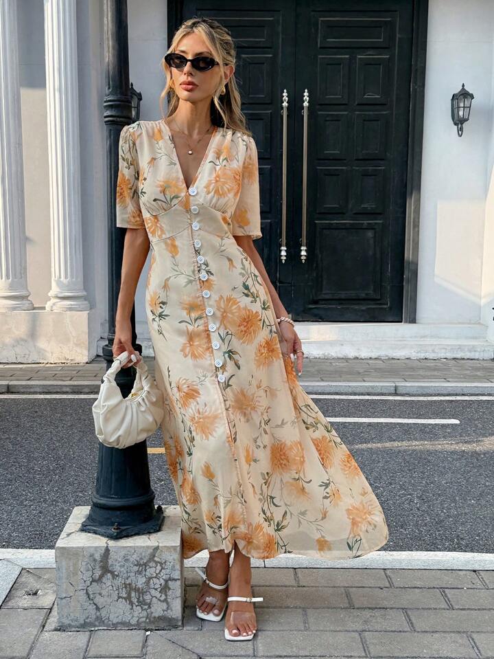 CM-DS434878 Women Casual Seoul Style Deep V-Neck Short Sleeve Waisted Printed High Waist Midi Dress