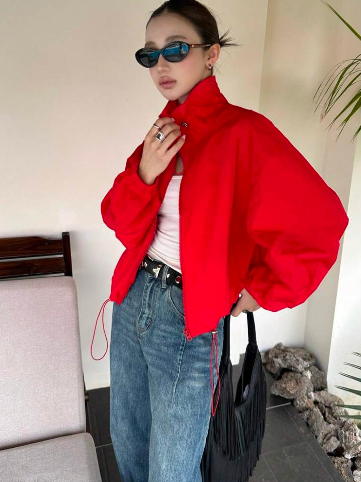 CM-CS791546 Women Casual Seoul Style Drawstring Collar Loose Fit Short Lightweight Jacket - Red