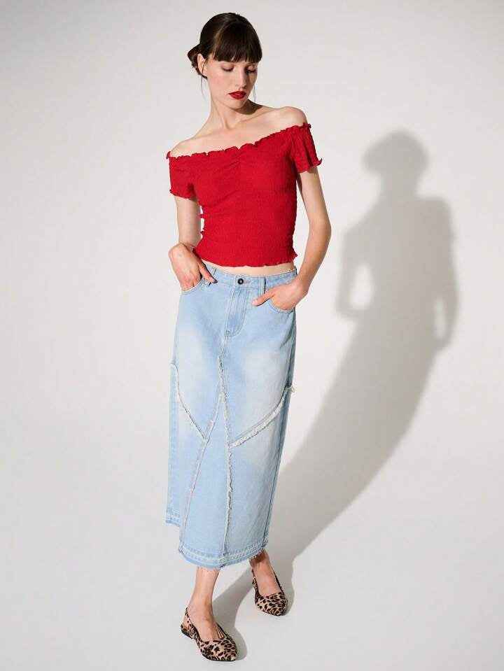 CM-BS781136 Women Casual Seoul Style Fray Seam Non-Stretch Summer Denim Midi Skirt - Blue