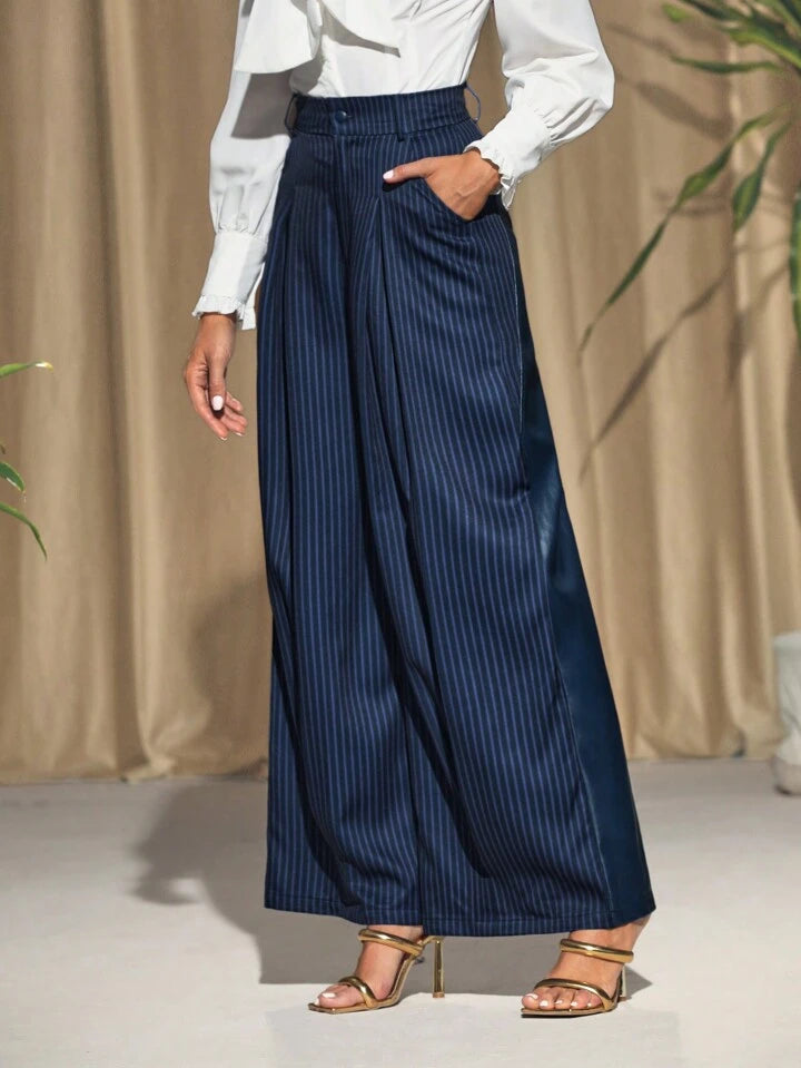 CM-BS482184 Women Elegant Seoul Style Wide Leg Chevron Pleated Pants - Blue