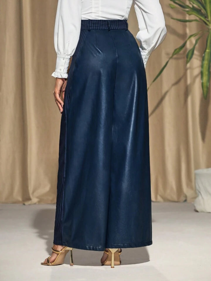 CM-BS482184 Women Elegant Seoul Style Wide Leg Chevron Pleated Pants - Blue