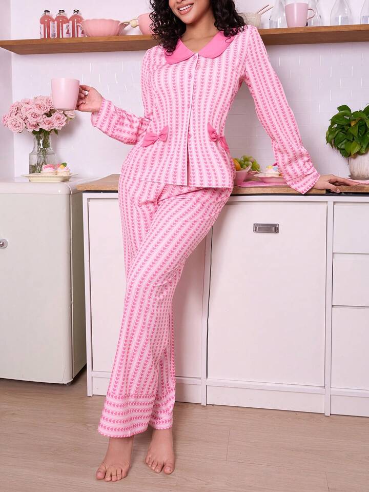 CM-LS699637 Women Trendy Seoul Style Heart Stripe Bow Decor T-Shirt With Long Pants Pajama Set