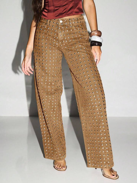 CM-BS911336 Women Casual Seoul Style High Waisted Metal Studs Wide Leg Palazzo Jeans - Brown