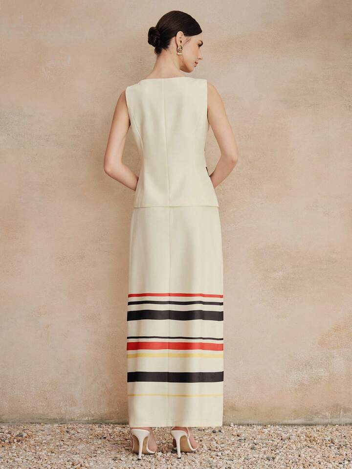 CM-SS748642 Women Elegant Seoul Style Round Neck Sleeveless Vest Top With High-Waisted A-Line Long Skirt - Set