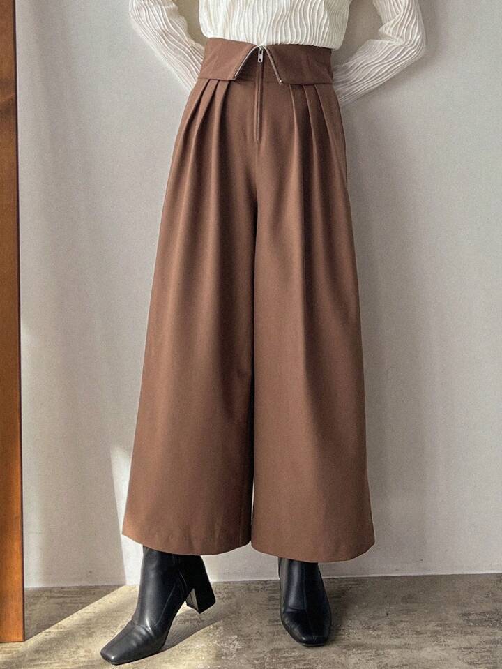 CM-BS214150 Women Casual Seoul Style Loose Wide Leg Pants With Pockets - Brown