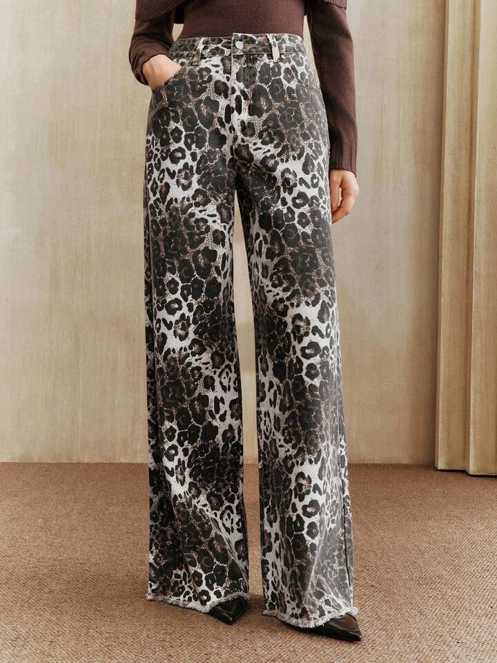 CM-BS966323 Women Casual Seoul Style High Waist Pockets Leopard Print Wide Leg Loose Jeans