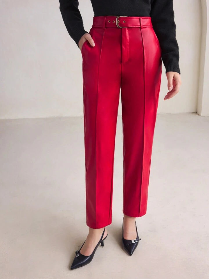 CM-BS973539 Women Elegant Seoul Style High Waist Leather Belted Pencil Pants - Red